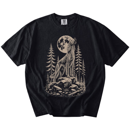 Irish Setter howling beneath the moon and pine trees on a Black Comfort Colors® T-shirt