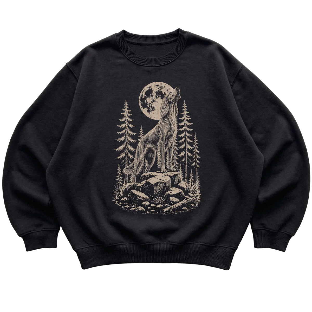 Close view of Irish Setter Howling at the Moon artwork on Black crewneck sweatshirt