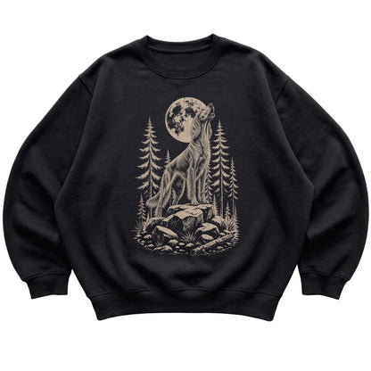 Close view of Irish Setter Howling at the Moon artwork on Black crewneck sweatshirt