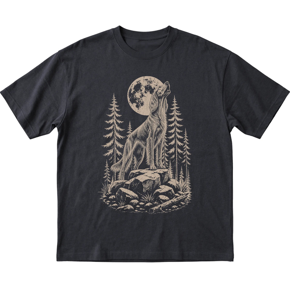 Close view of Irish Setter Howling at the Moon artwork on Black softstyle T-shirt