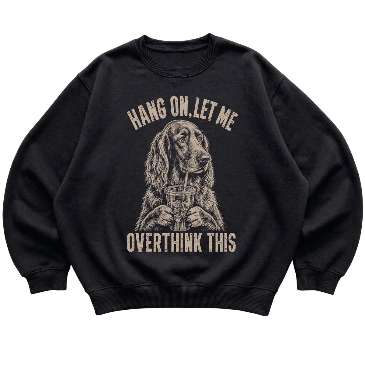 Black crewneck sweatshirt featuring Overthinking Irish Setter, laid-flat presentation