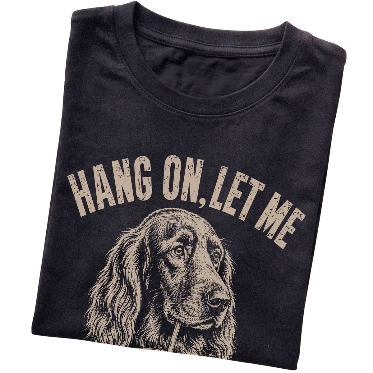 Black T-shirt featuring Overthinking Irish Setter, folded presentation