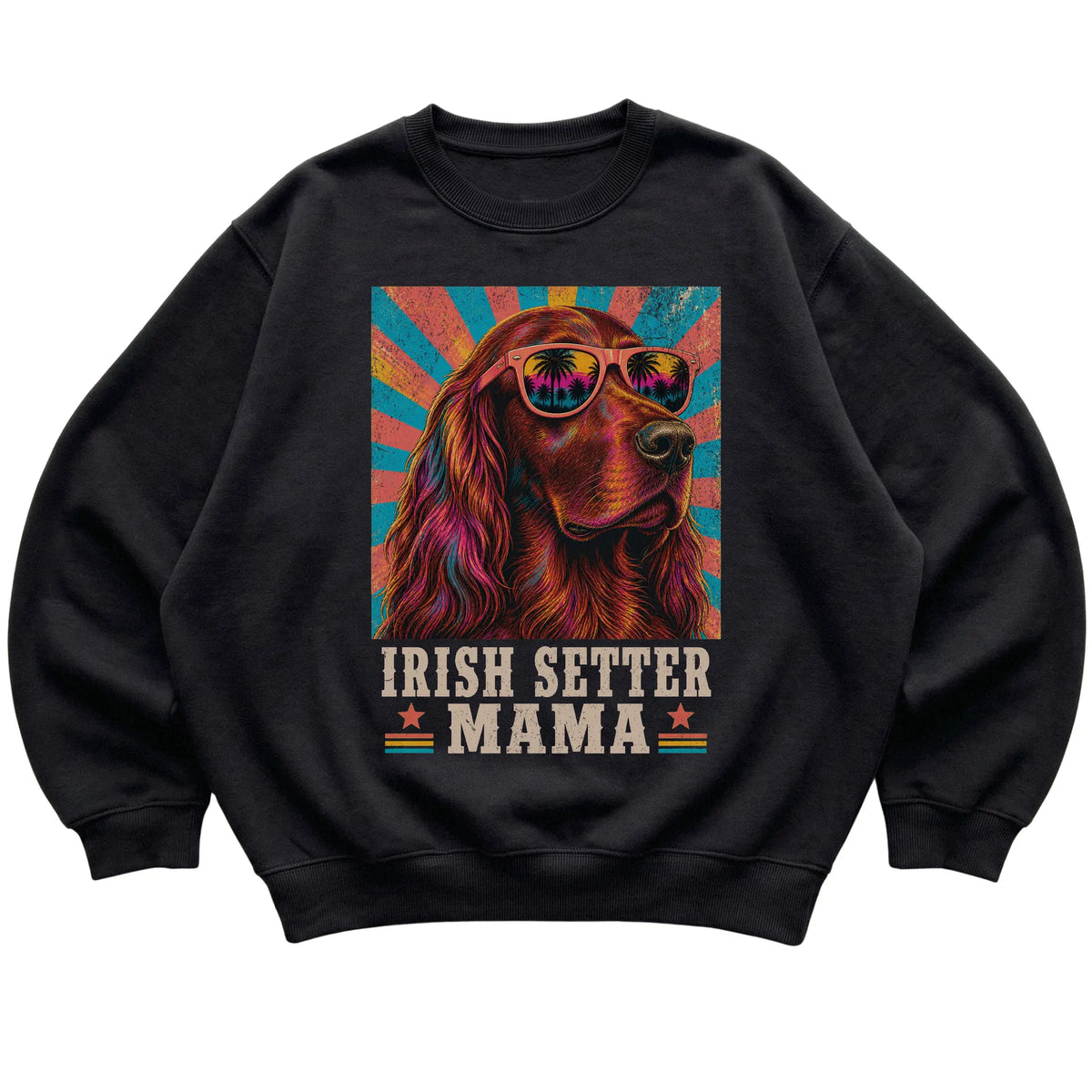 Retro Irish Setter Mama design on a Black crewneck sweatshirt