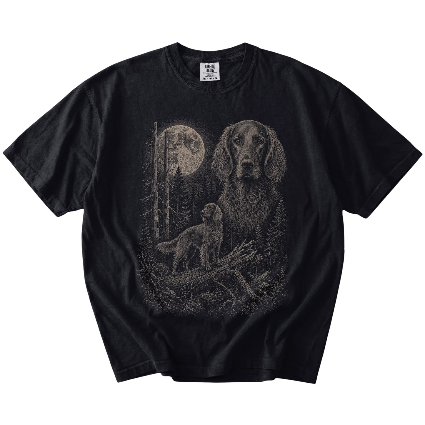 Black Irish Setter Moonlit Forest T-Shirt laid flat