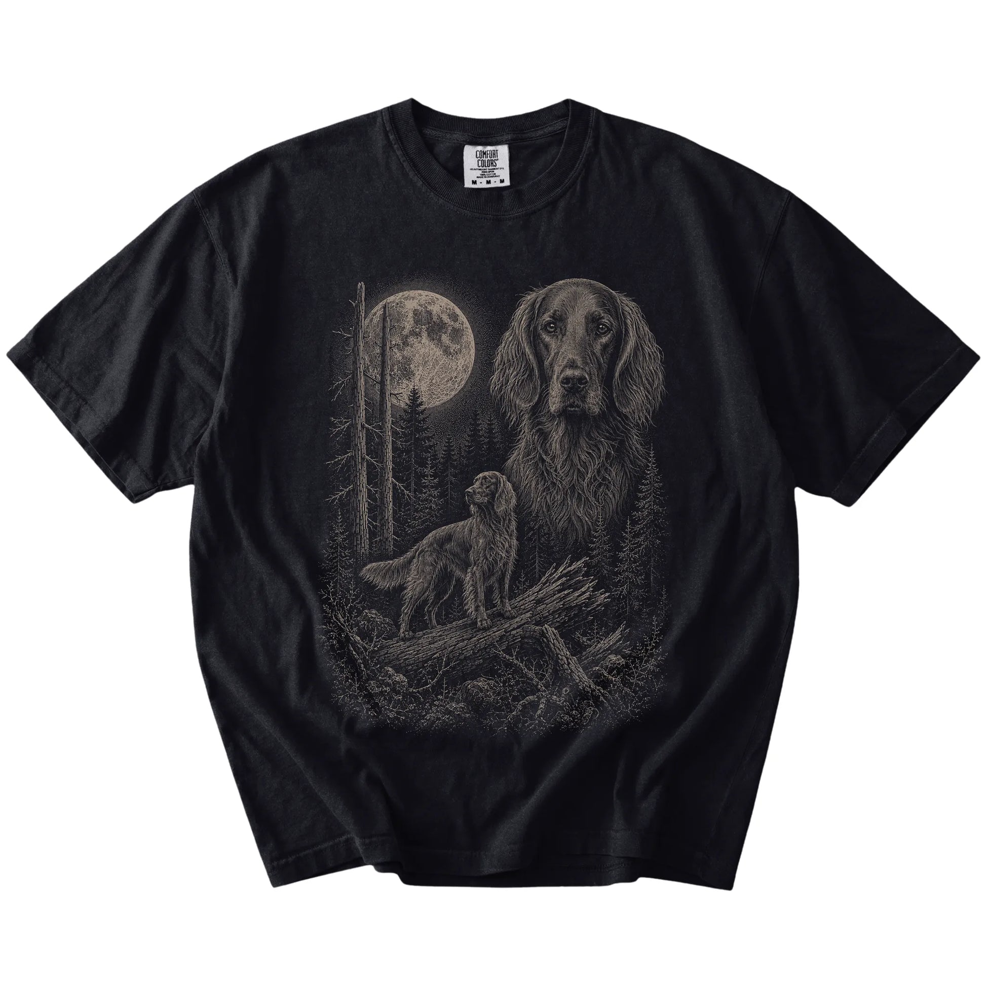 Black Irish Setter Moonlit Forest T-Shirt laid flat