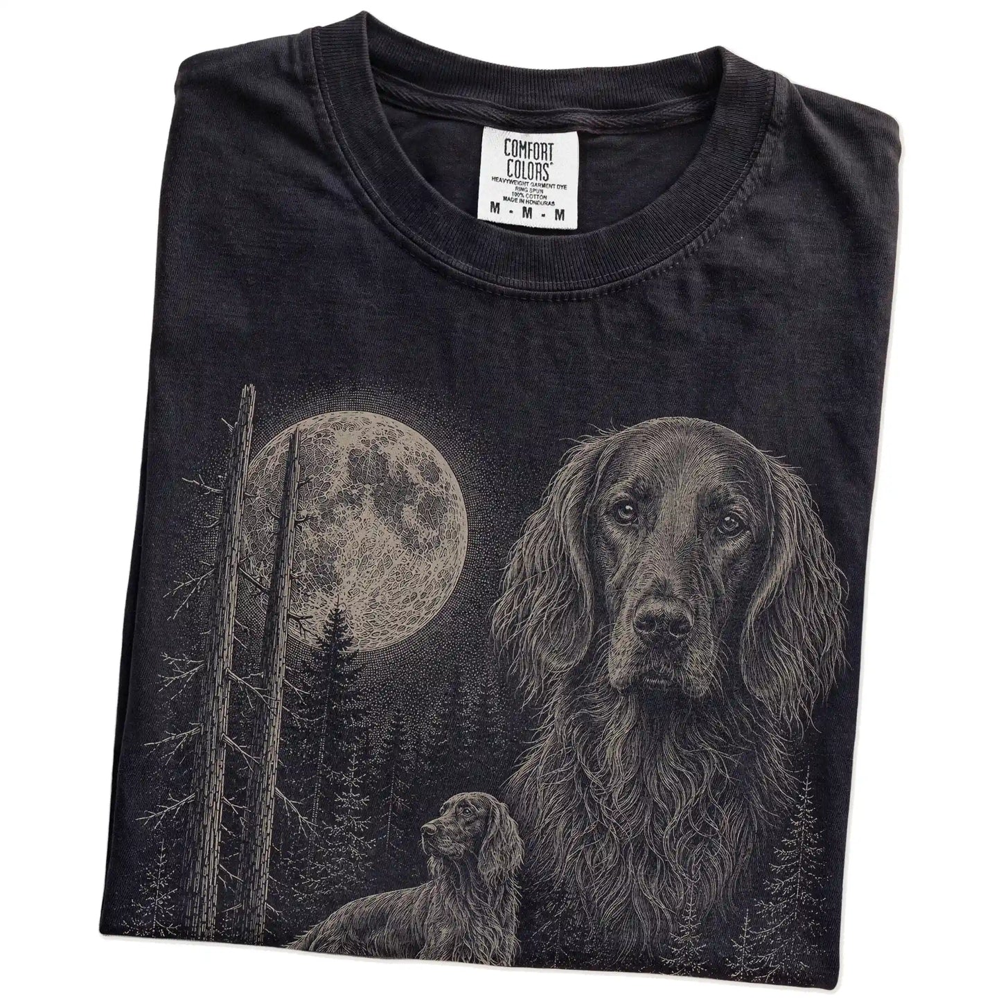 Folded Black Irish Setter Moonlit Forest T-Shirt showing the graphic