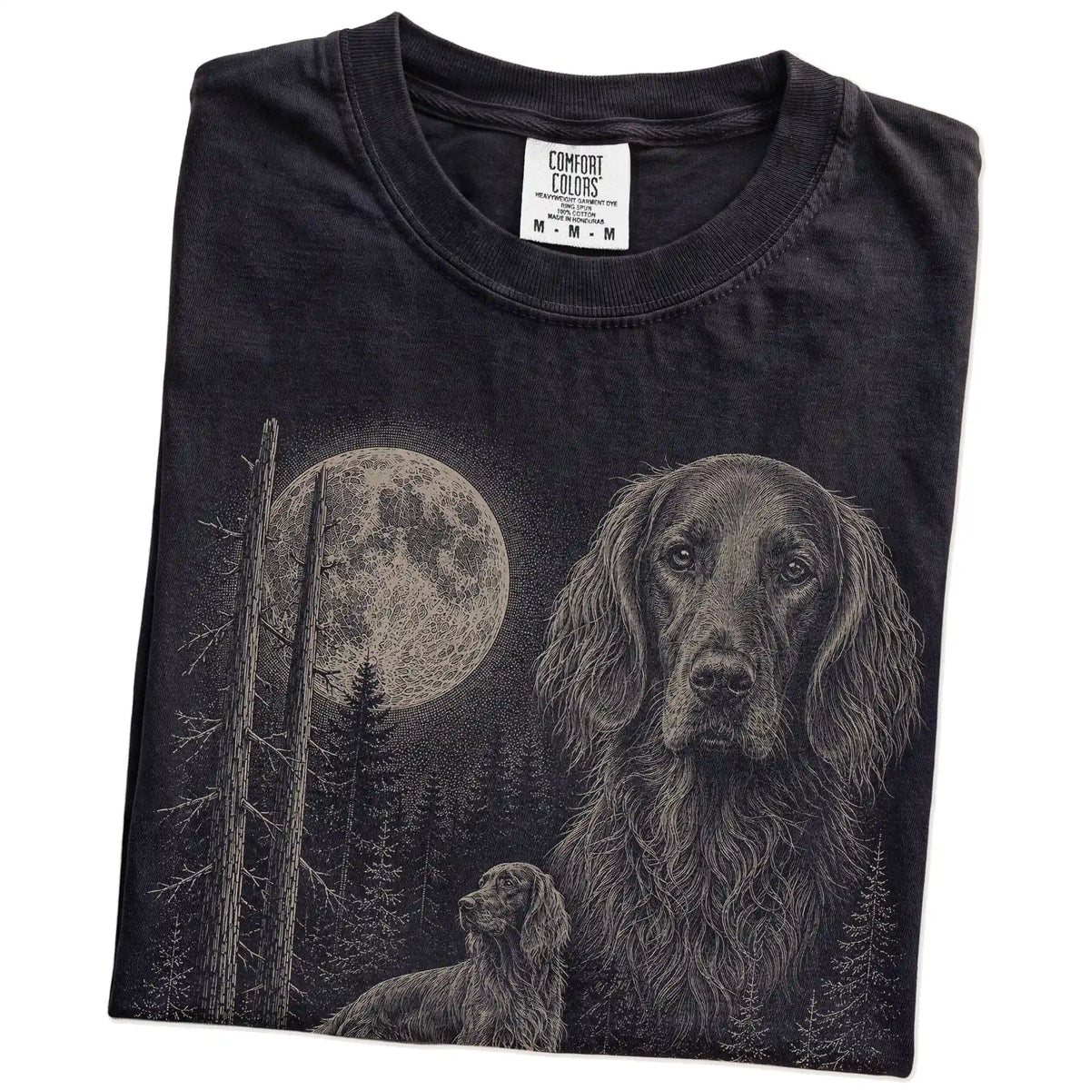 Folded Black Irish Setter Moonlit Forest T-Shirt showing the graphic