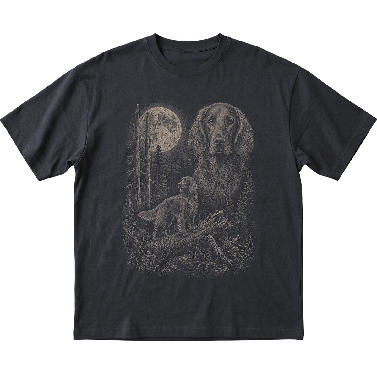 Irish Setter Moonlit Forest graphic on a black Softstyle T-shirt laid flat