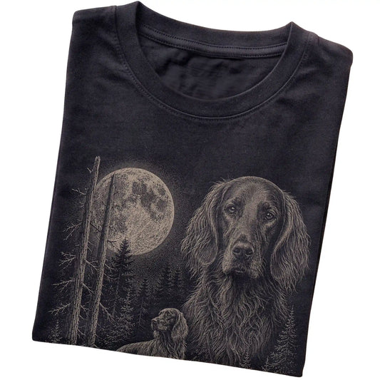 Folded black Softstyle T-shirt showing the Irish Setter Moonlit Forest graphic