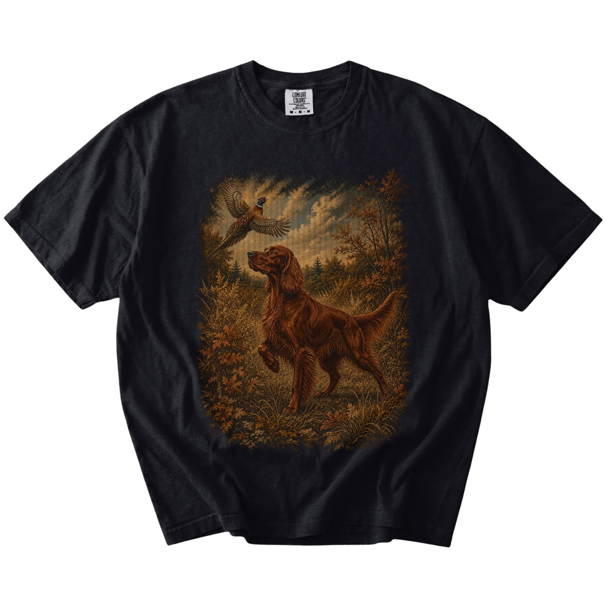 Black Irish Setter Pheasant Hunting T-Shirt laid flat