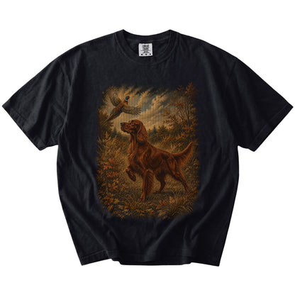 Black Irish Setter Pheasant Hunting T-Shirt laid flat
