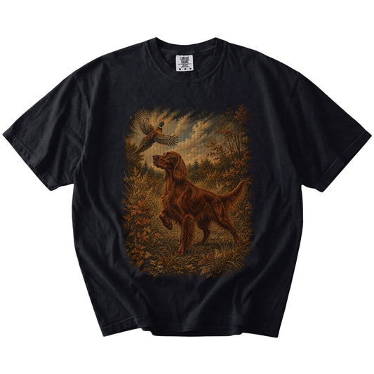 Black Irish Setter Pheasant Hunting T-Shirt laid flat