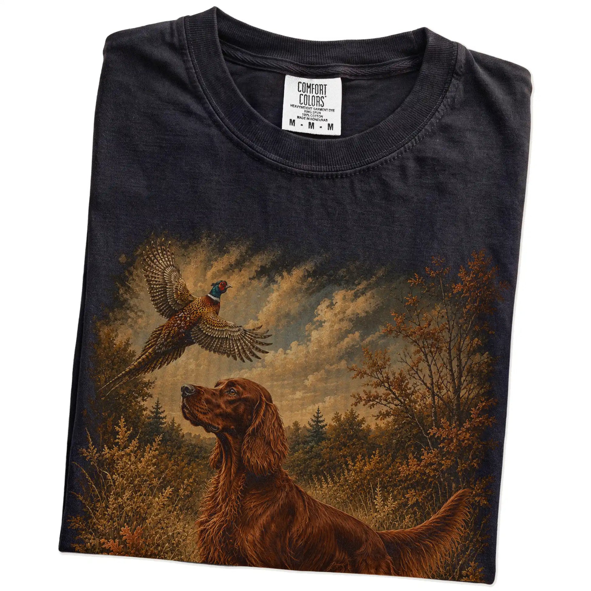 Folded Black Irish Setter Pheasant Hunting T-Shirt showing the graphic