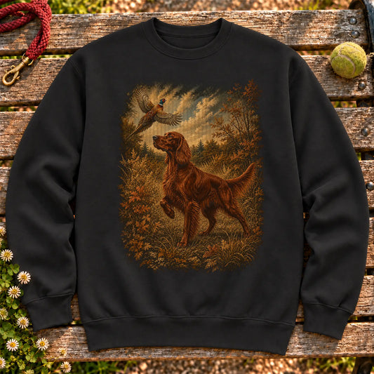 Irish Setter Pheasant Hunting on a Black crewneck sweatshirt, shown flat