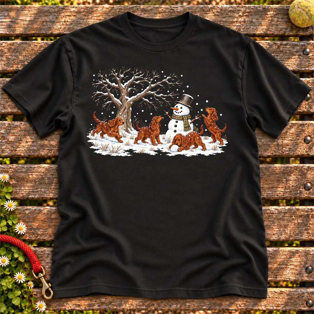 Irish Setter puppies playing in snow with a snowman on a Black T-shirt