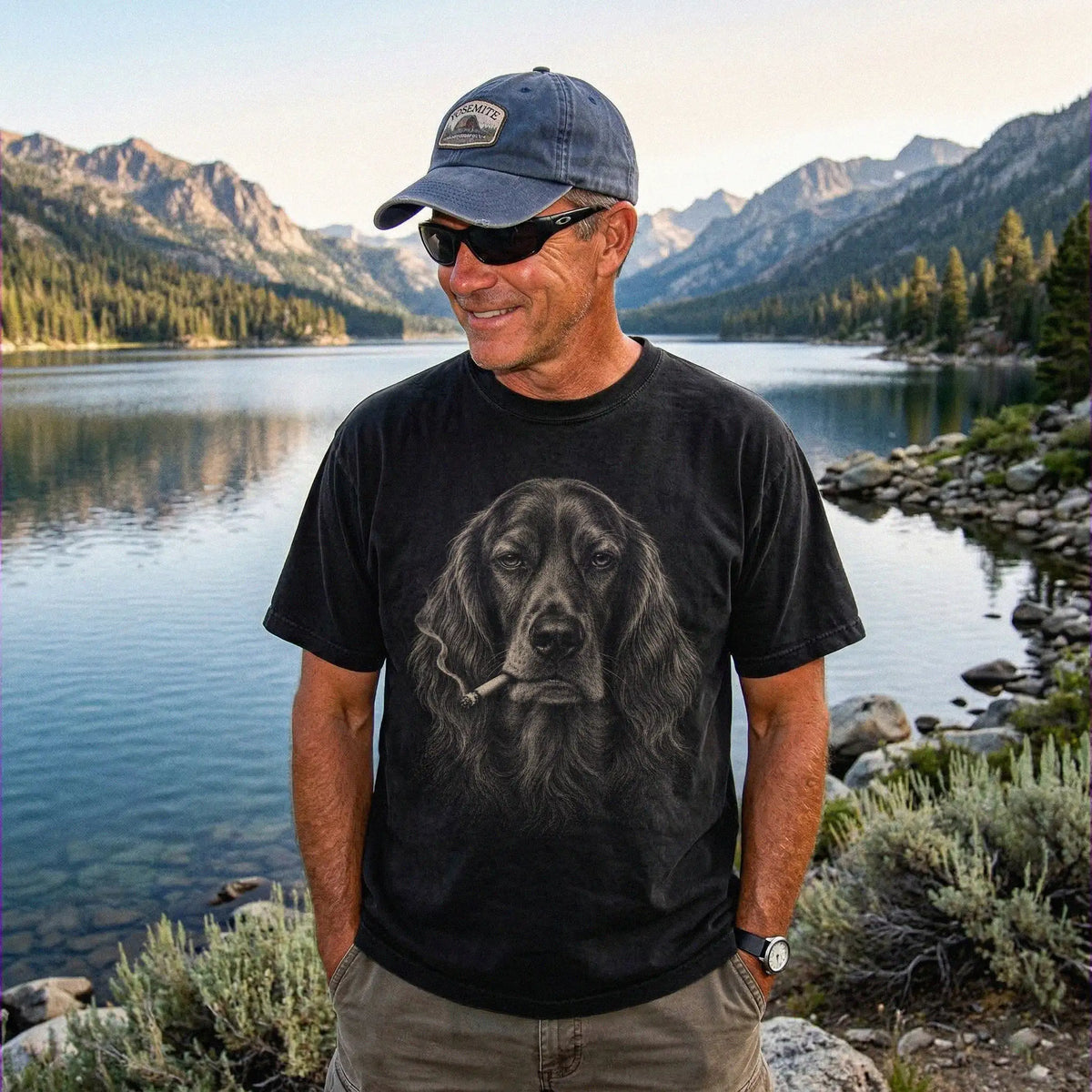 Model wearing a Irish Setter smoking design on a Black t-shirt