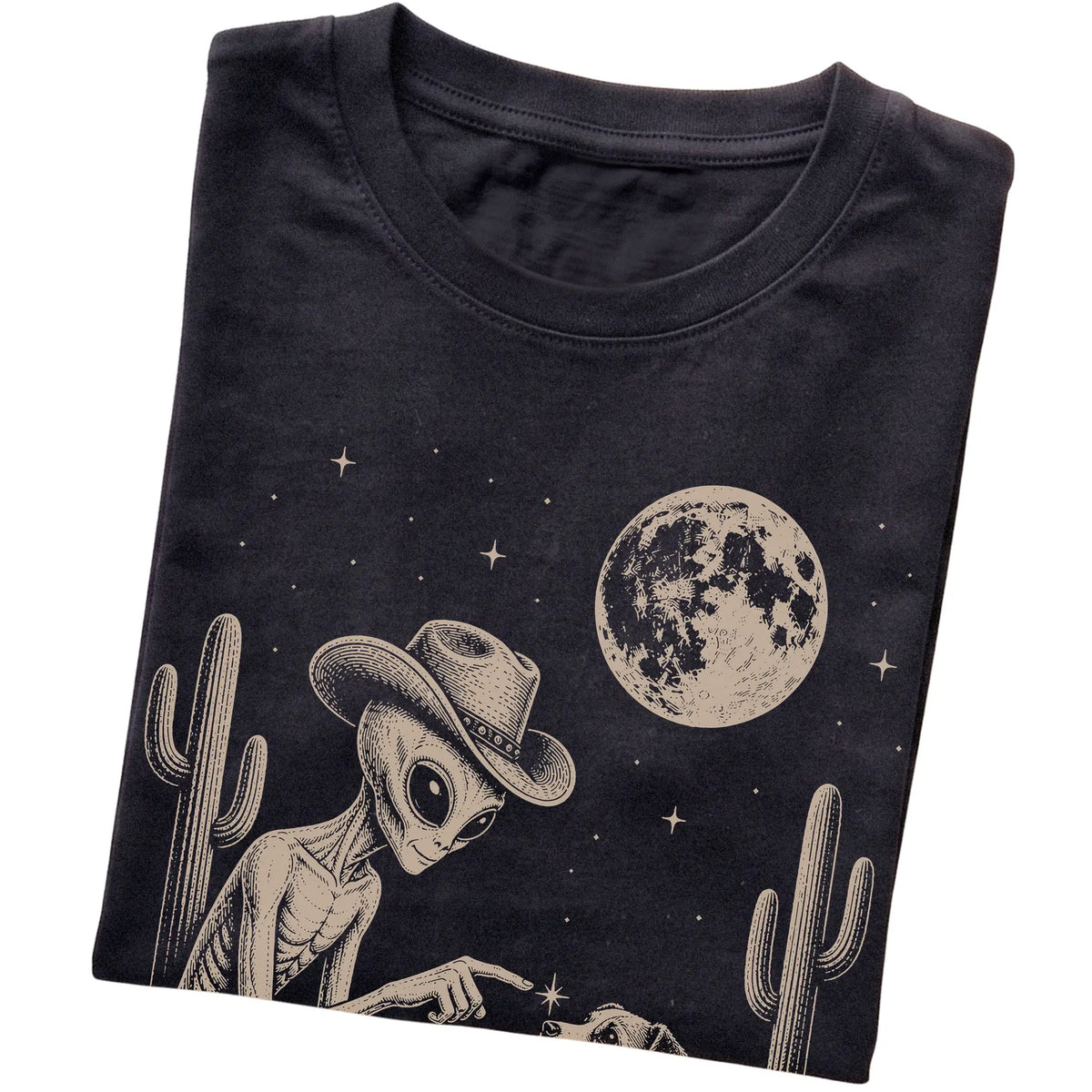 Black T-shirt featuring Jack Russell Cowboy and Alien, folded presentation
