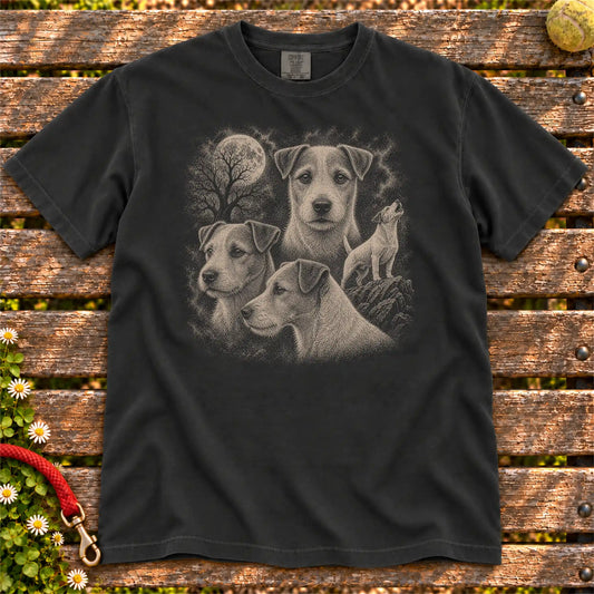 Jack Russell 90s Moon design on a Black T-shirt shown flat