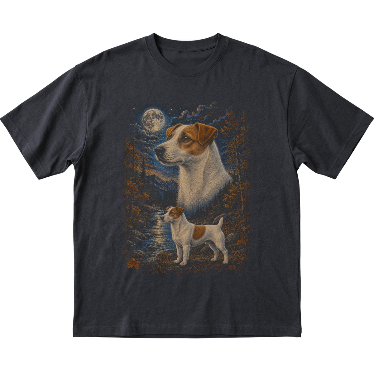 black T-shirt with Jack Russell Autumn Moon artwork.