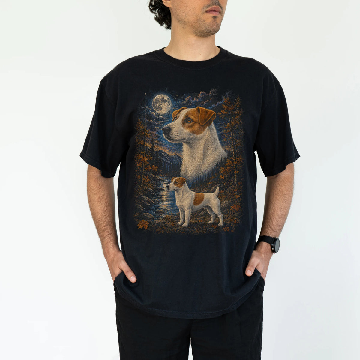 Model wearing a black T-shirt with Jack Russell Autumn Moon artwork.