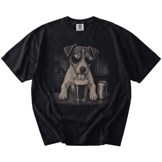Jack Russell sneaking a drink from a foamy pint at home on a Black Comfort Colors® t-shirt