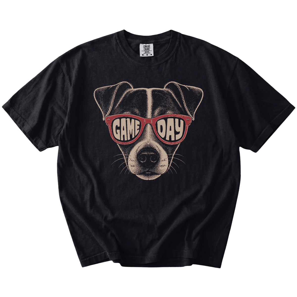 Jack Russell wearing red Game Day sunglasses on a Black Comfort Colors® T-shirt
