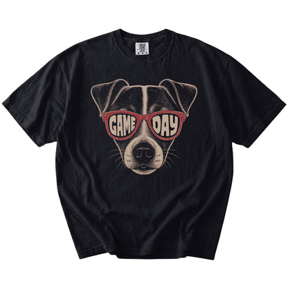 Jack Russell wearing red Game Day sunglasses on a Black Comfort Colors® T-shirt
