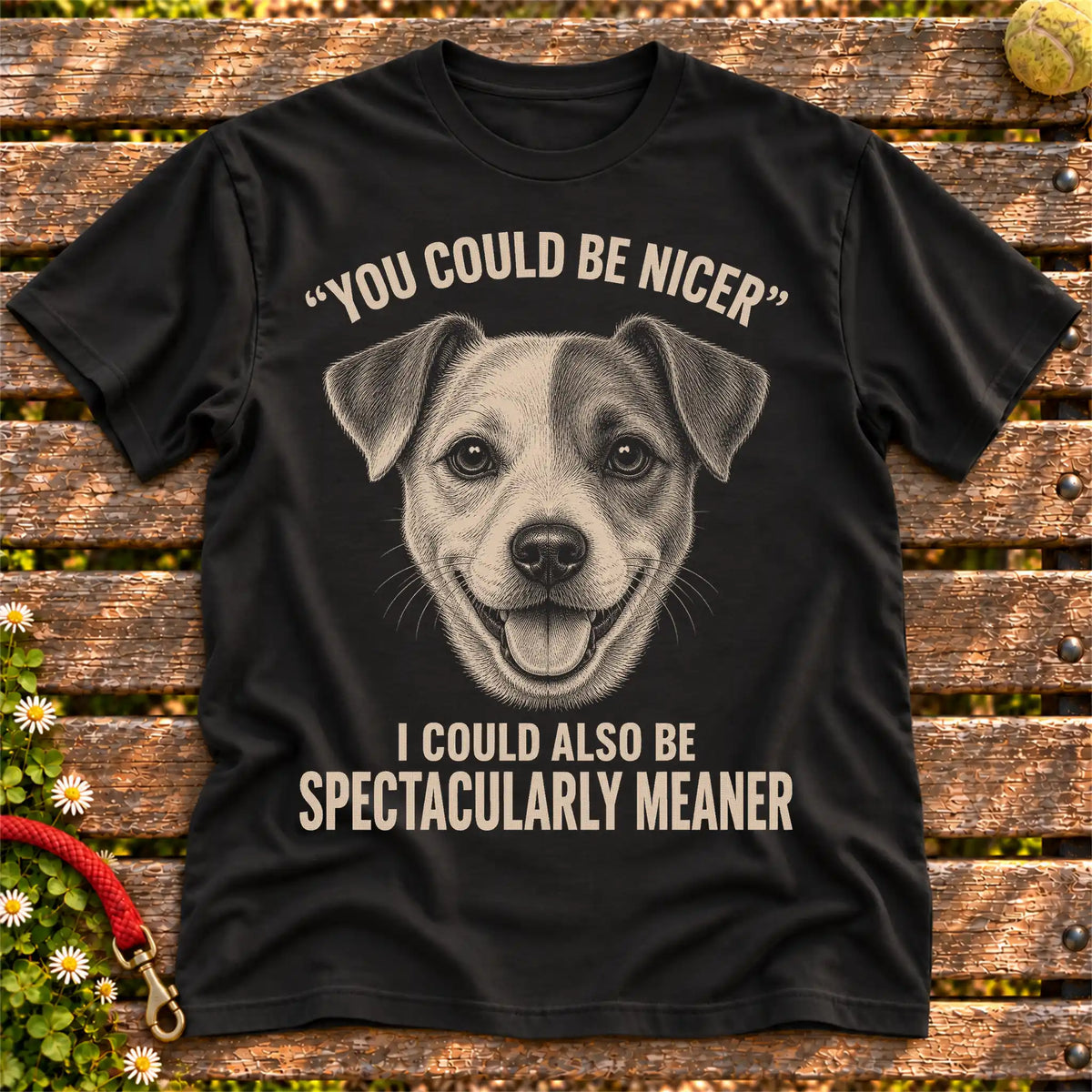 Jack Russell Guard Dog on a Black T-shirt, shown flat