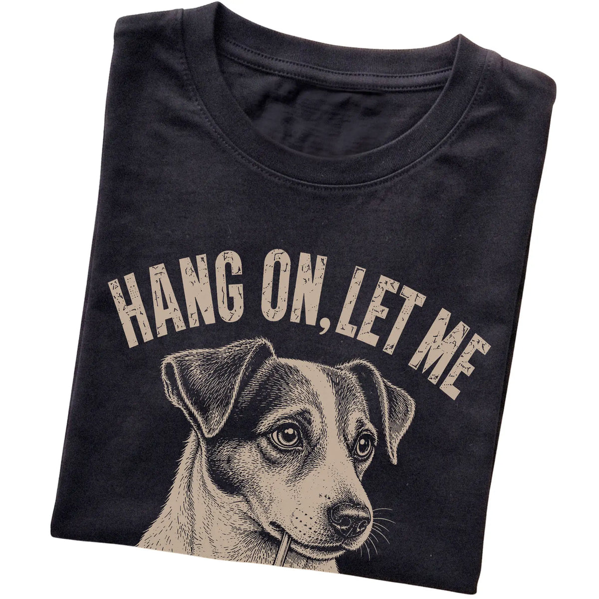 Black T-shirt featuring Overthinking Jack Russell, folded presentation