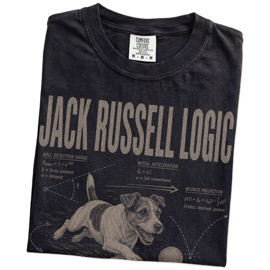 Folded Black Jack Russell Logic T-Shirt showing the graphic