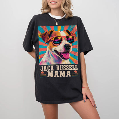 Retro Jack Russell Mama design on a Black Comfort Colors T-shirt worn by a model