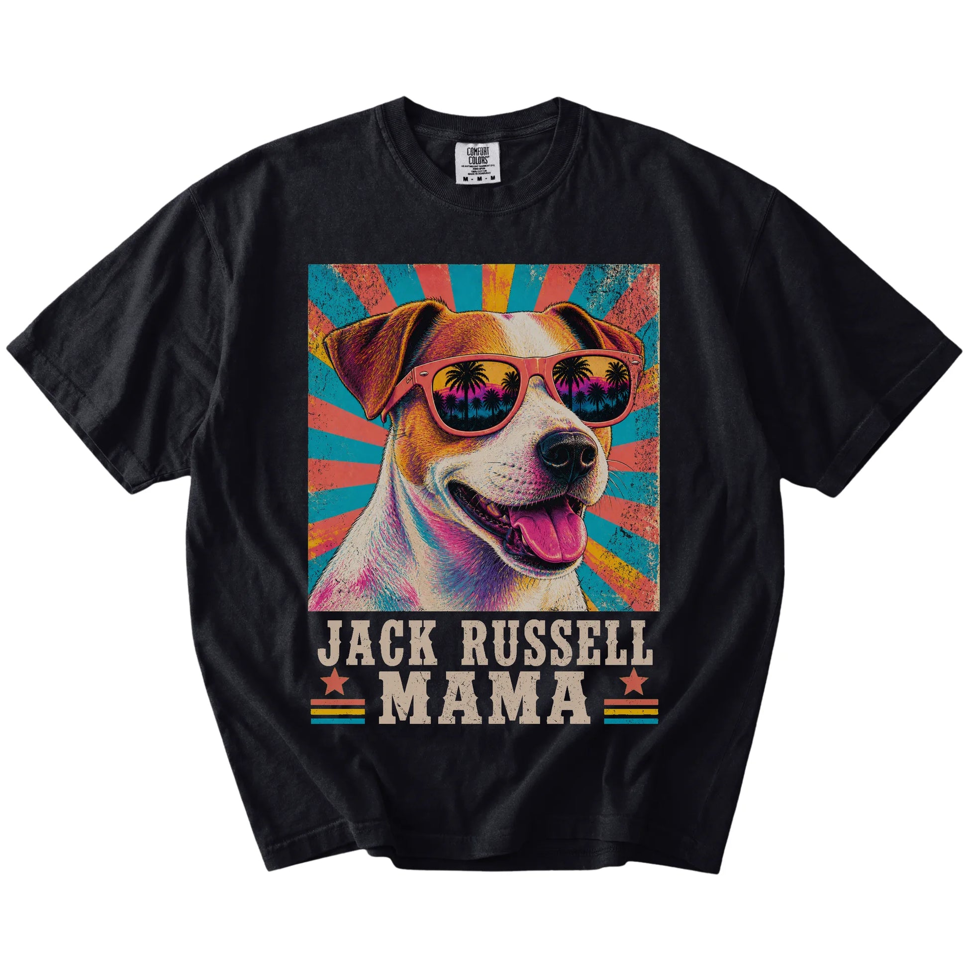 Retro Jack Russell Mama design on a Black Comfort Colors T-shirt
