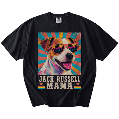 Retro Jack Russell Mama design on a Black Comfort Colors T-shirt
