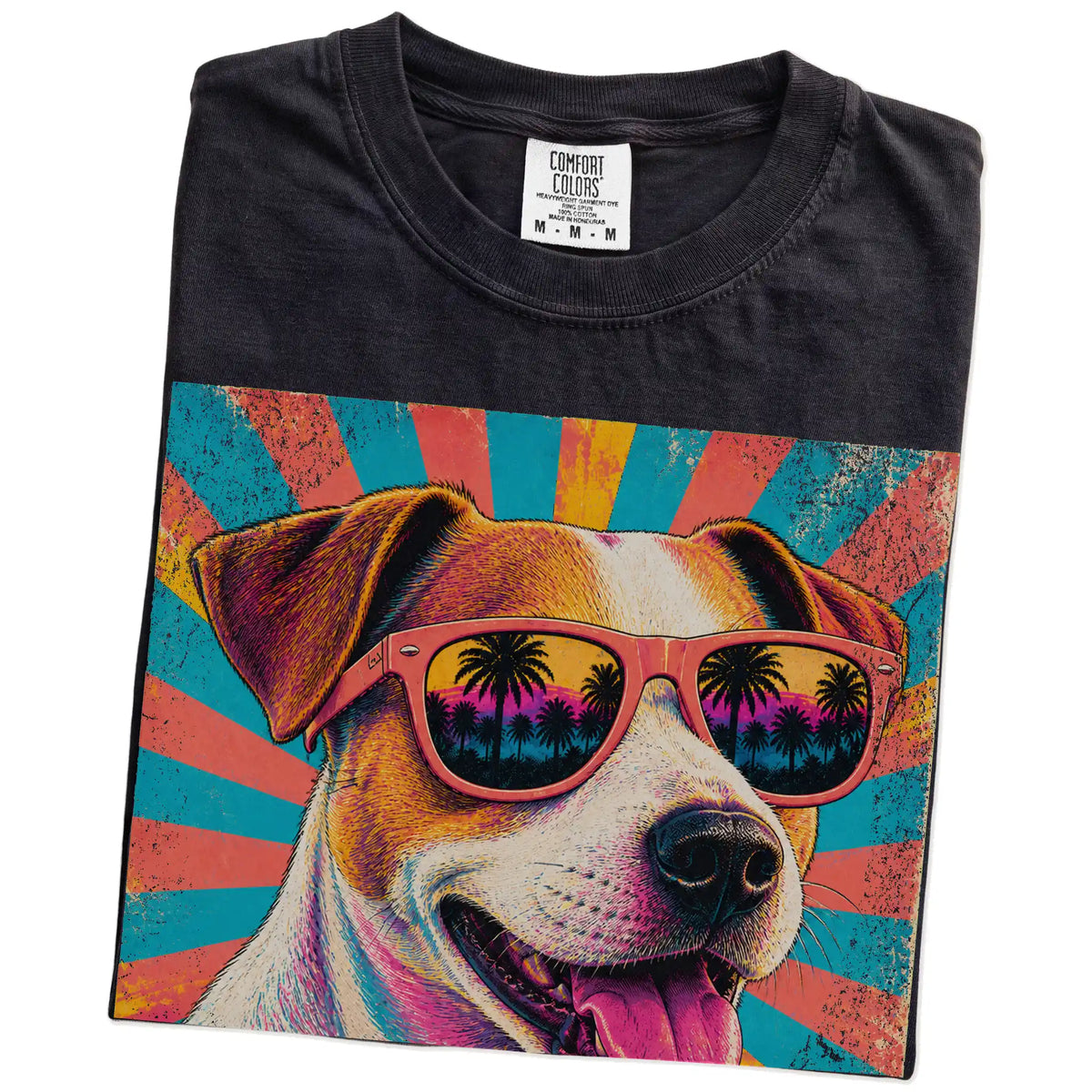 Retro Jack Russell Mama design on a Black Comfort Colors T-shirt folded detail