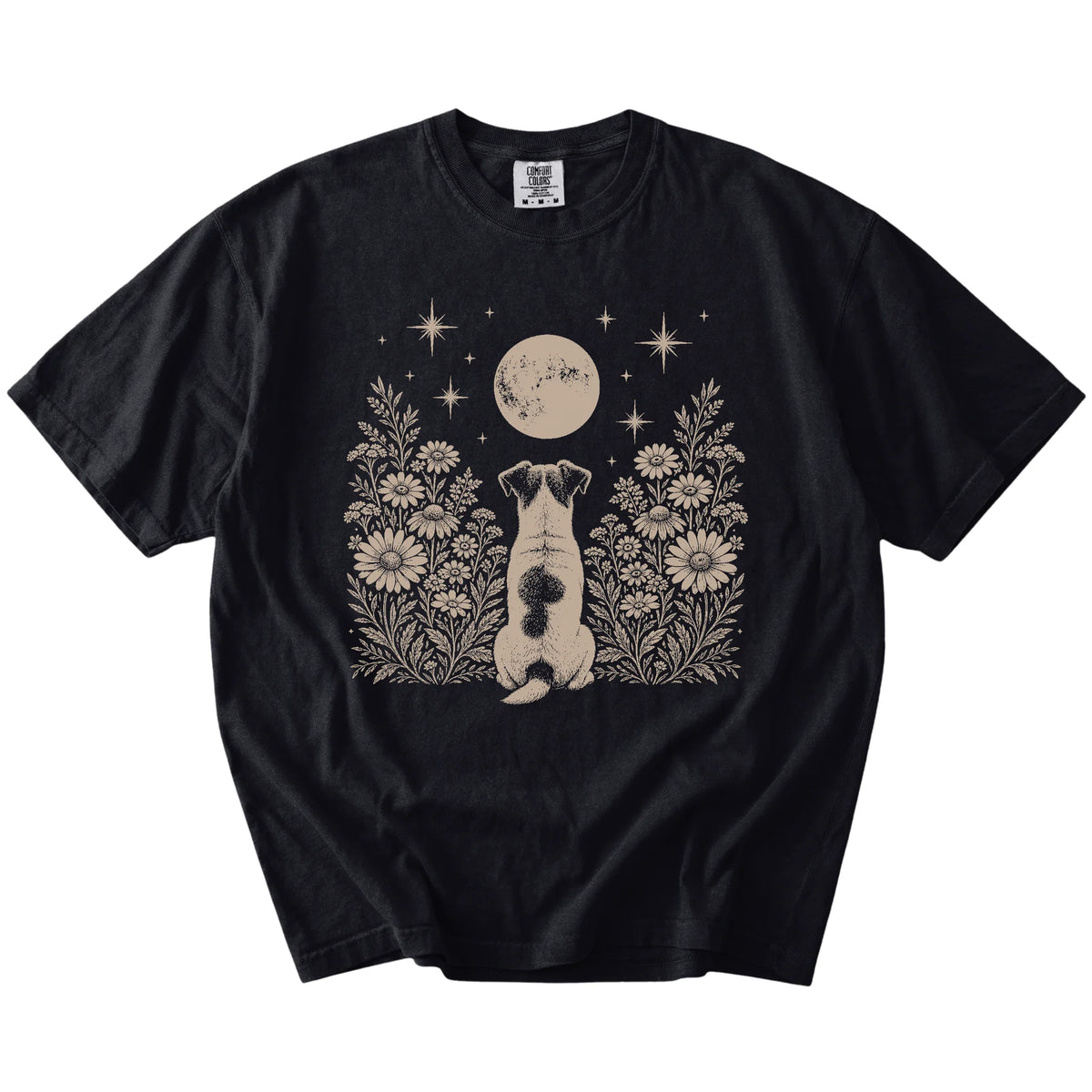 Jack Russell beneath a wildflower moon on a Black Comfort Colors® T-shirt