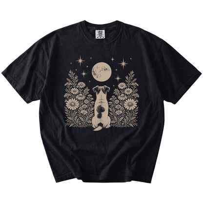Jack Russell beneath a wildflower moon on a Black Comfort Colors® T-shirt
