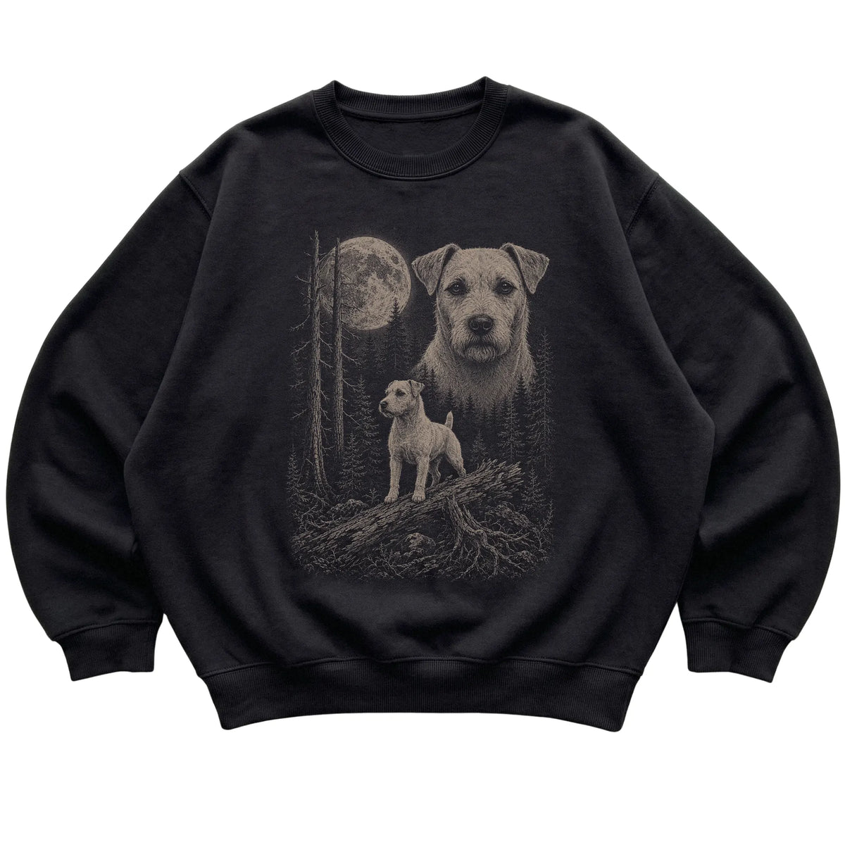 Jack Russell Moonlit Forest graphic on a black crewneck sweatshirt laid flat