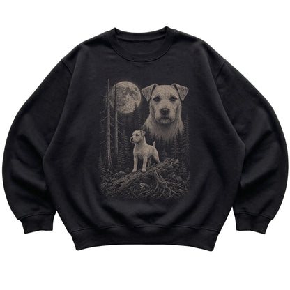 Jack Russell Moonlit Forest graphic on a black crewneck sweatshirt laid flat