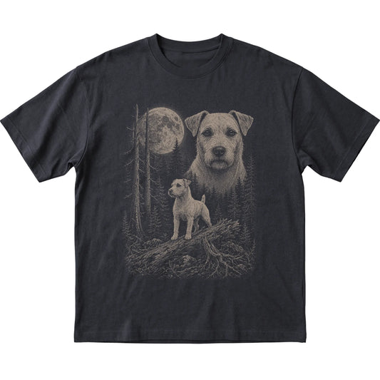 Jack Russell Moonlit Forest graphic on a black Softstyle T-shirt laid flat