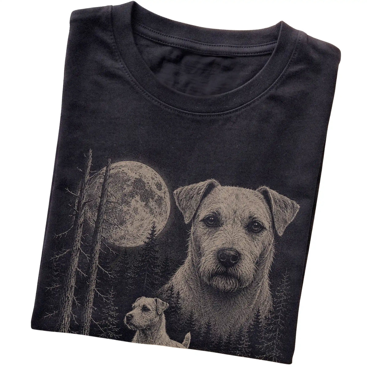 Folded black Softstyle T-shirt showing the Jack Russell Moonlit Forest graphic