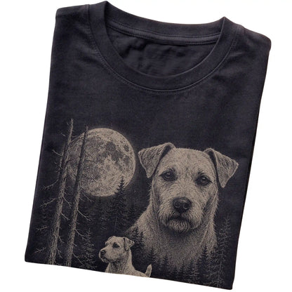 Folded black Softstyle T-shirt showing the Jack Russell Moonlit Forest graphic