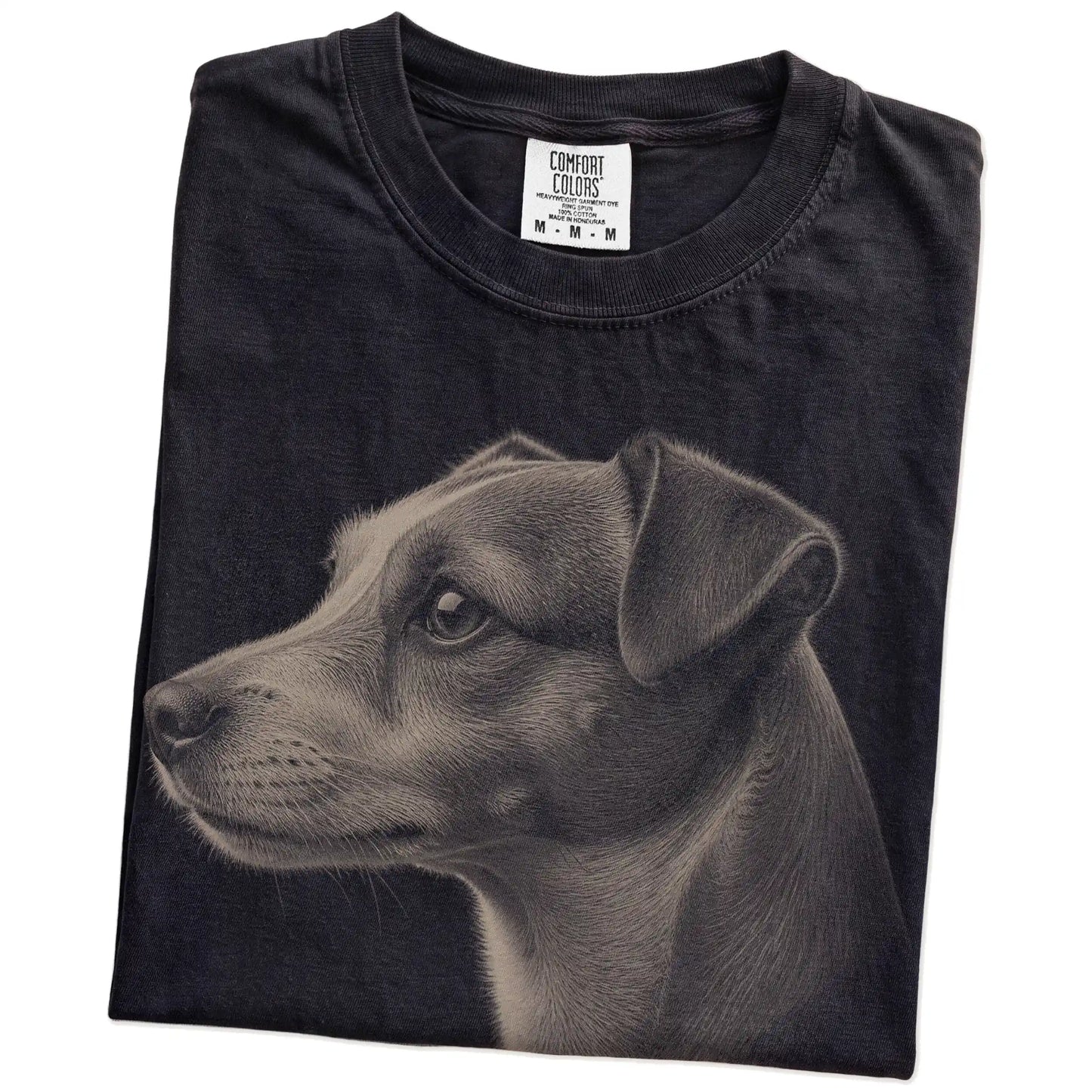 Folded Black Comfort Colors® T-shirt showing a detailed photographic portrait of a Jack Russell