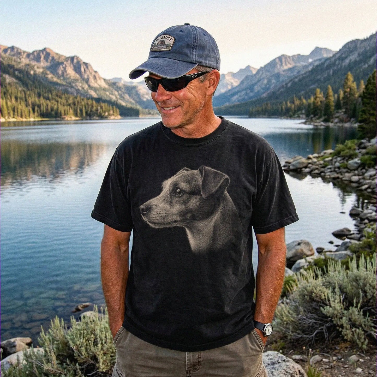 Model wearing a Black Comfort Colors® T-shirt with a detailed photographic portrait of a Jack Russell