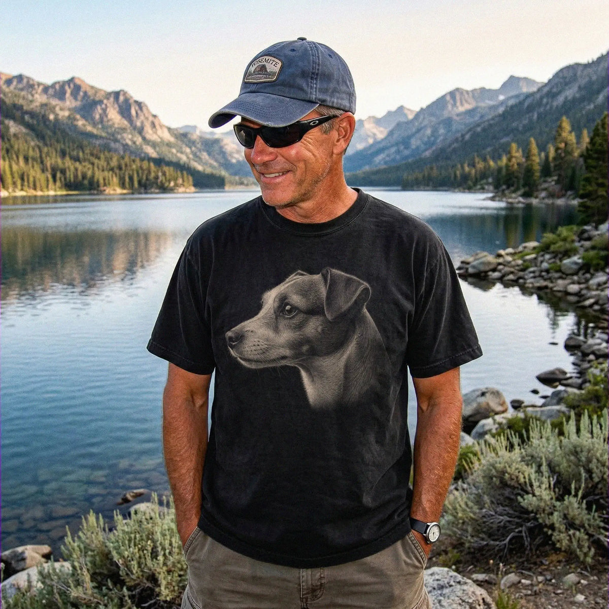 Model wearing a Black Comfort Colors® T-shirt with a detailed photographic portrait of a Jack Russell