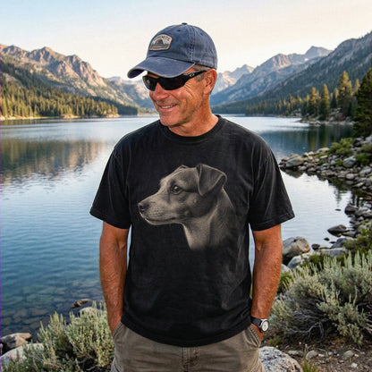 Model wearing a Black Comfort Colors® T-shirt with a detailed photographic portrait of a Jack Russell