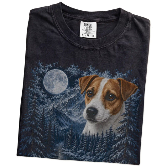 Folded black T-shirt with Jack Russell Winter Moon artwork.