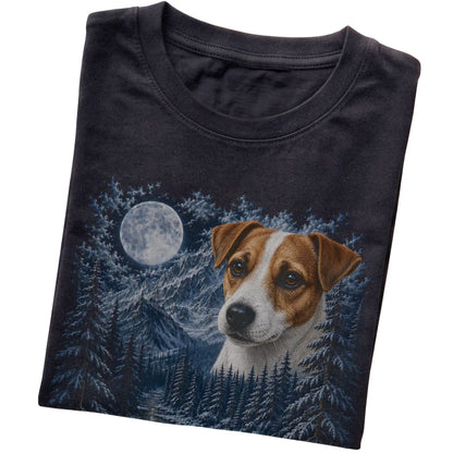 Folded black T-shirt with Jack Russell Winter Moon artwork.