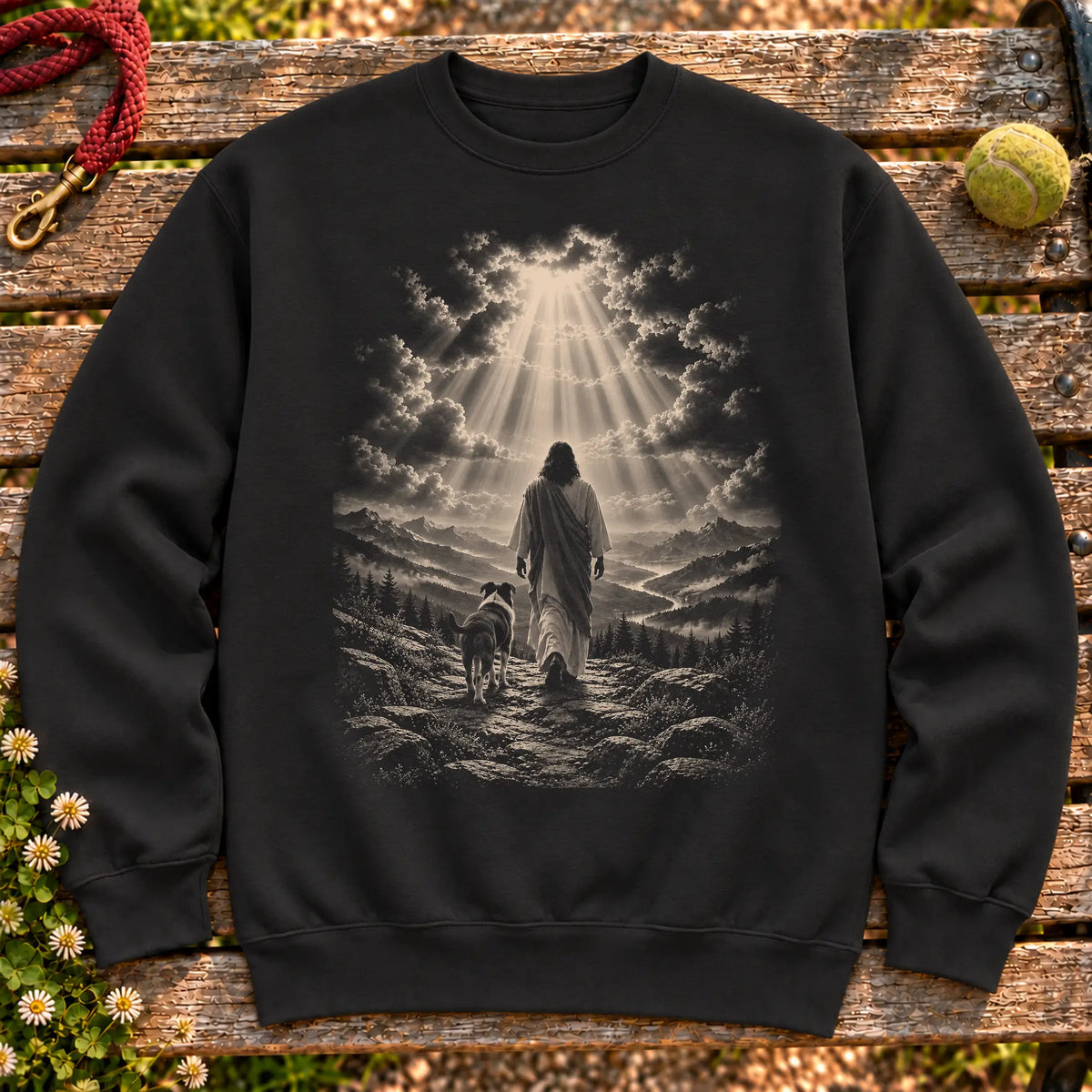 Black crewneck sweatshirt showing Jesus walking beside a Boxer beneath rays of light