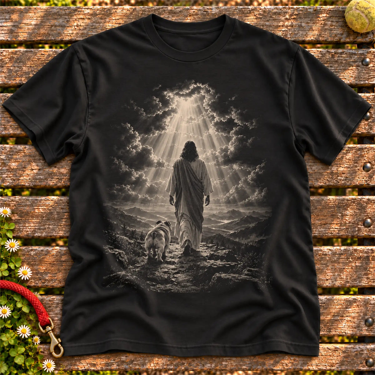 Black T-shirt showing Jesus walking beside a Bulldog beneath rays of light