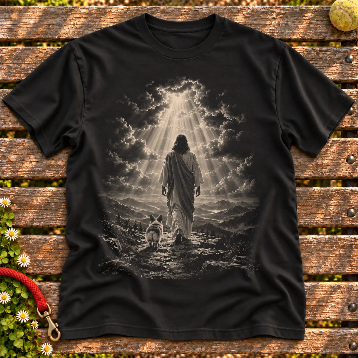 Black T-shirt showing Jesus walking beside a Corgi beneath rays of light